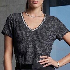 VTG Juicy Couture Women Knit V-Neck Top L Embellished Neckline Y2K Lagenook